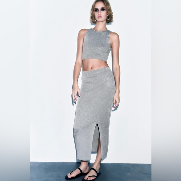 Zara | Tops | Zara Silver Ribbed Knit Top | Poshmark